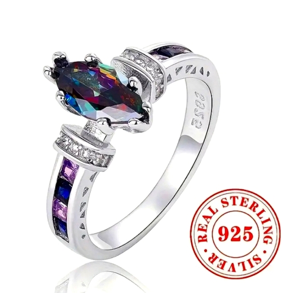 .•°Happy🌛Moon°•. Jewelry - 1ct LC Rainbow Mystic Topaz Marquis Solitaire 18K White Gold over Sterling